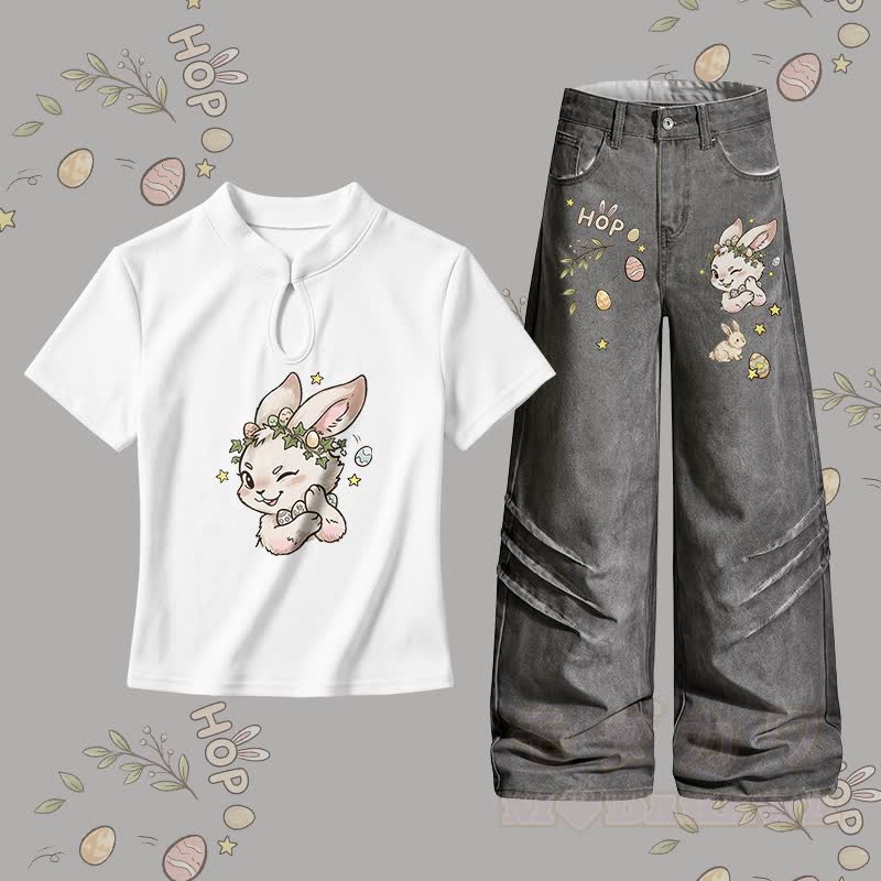 Easter Bunny Graphic Buckle T-shirt Denim Pants Matching Outfit - Set A - L - image 1