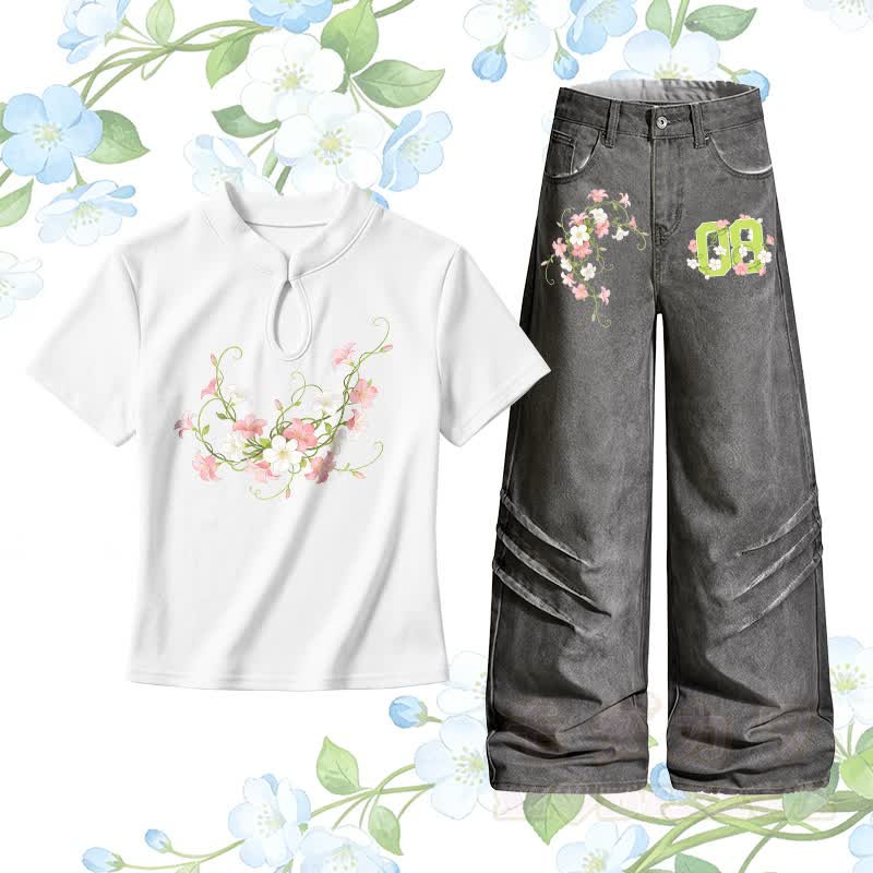 Flower Number Graphic Buckle T-shirt Denim Pants Matching Outfit - Set B - L - image 2