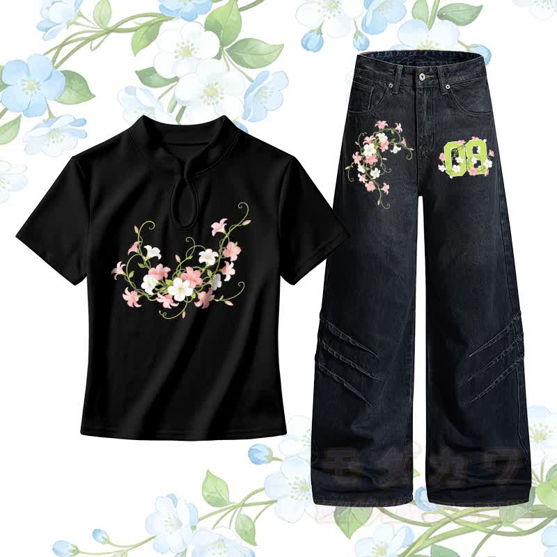 Flower Number Graphic Buckle T-shirt Denim Pants Matching Outfit - Set A - L - image 1