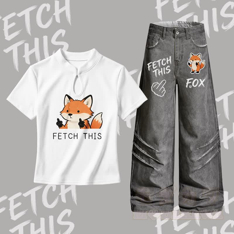 FETCH THIS Fox Graphic Buckle T-shirt Denim Pants Matching Outfit - Set B - L - image 2