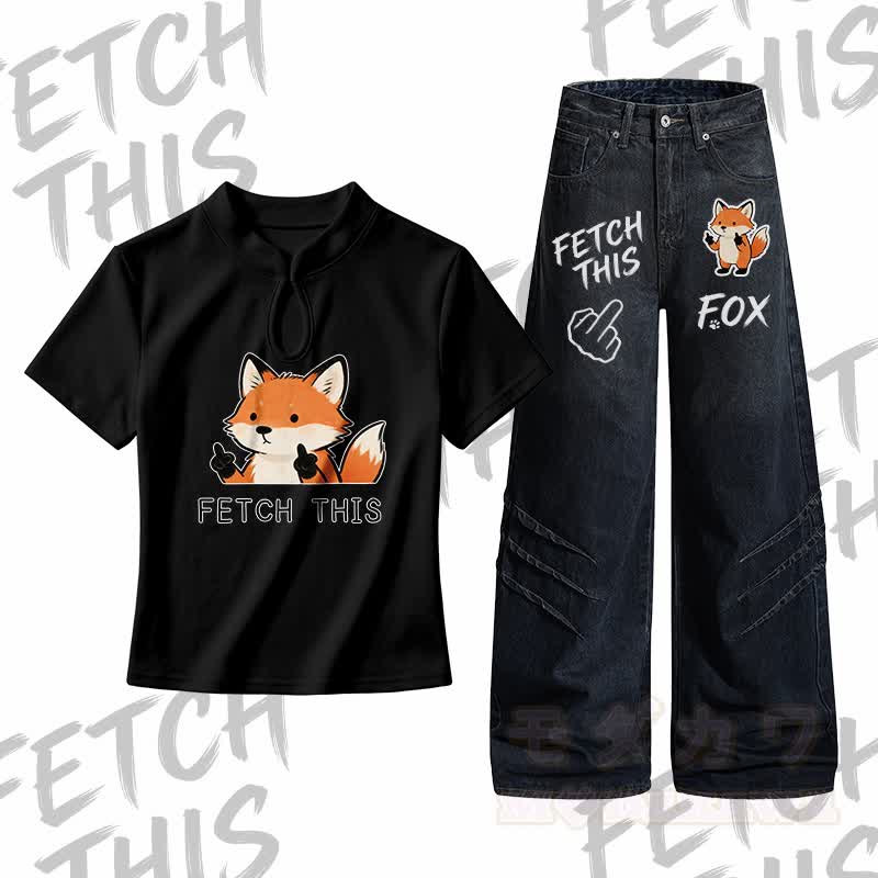 FETCH THIS Fox Graphic Buckle T-shirt Denim Pants Matching Outfit - Set A - L - image 1