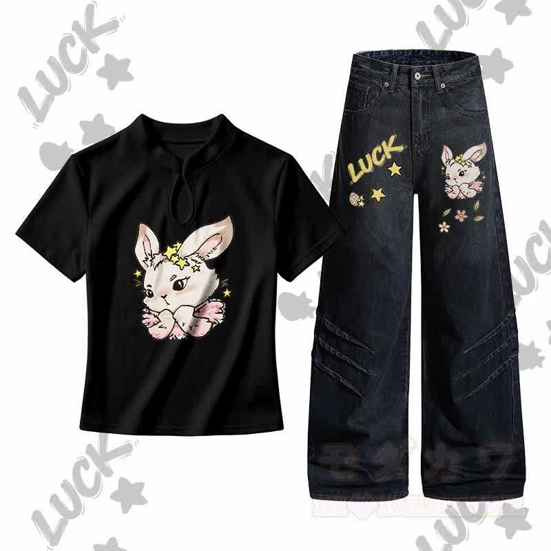 Bunny Easter Graphic Buckle T-shirt Denim Pants Matching Outfit - Set B - L - image 2