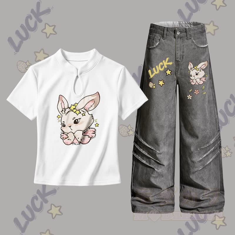 Bunny Easter Graphic Buckle T-shirt Denim Pants Matching Outfit - Set A - L - image 1
