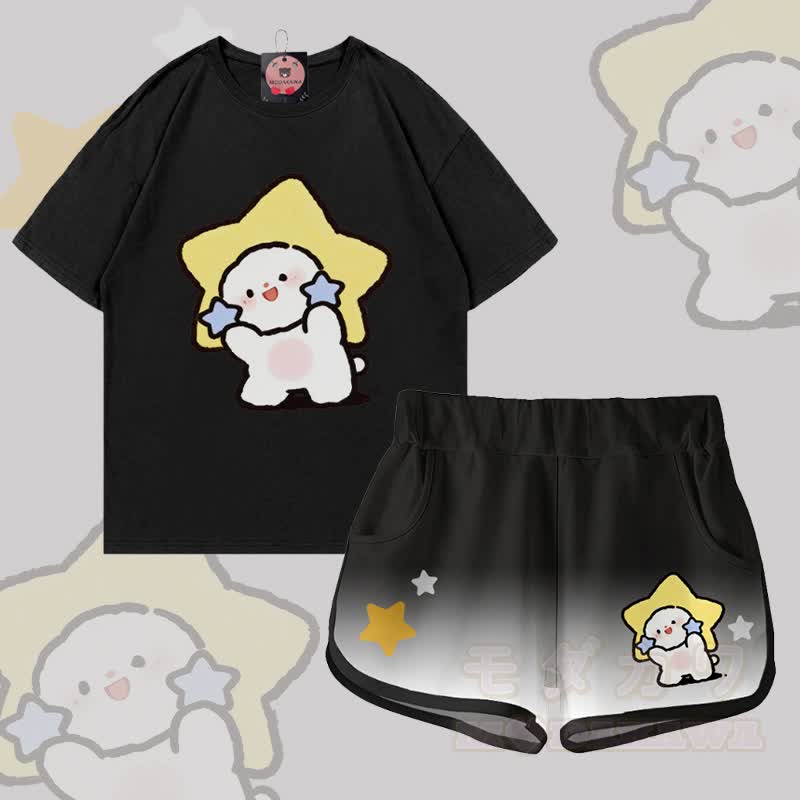 Cute Star Graphic 100% Cotton T-shirt Gradient Shorts Modakawa Matching Outfit - Set C - 5XL - image 3