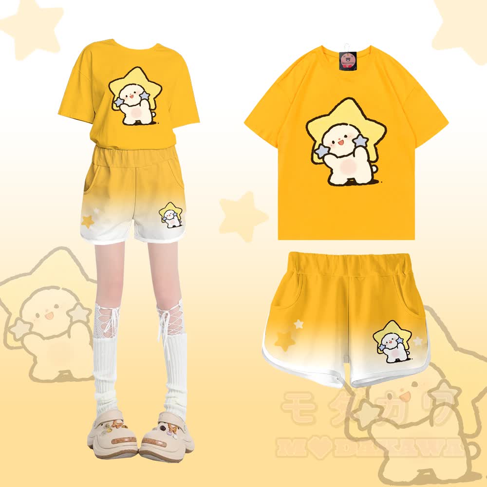 Cute Star Graphic 100% Cotton T-shirt Gradient Shorts Modakawa Matching Outfit - Set A - 5XL - image 1