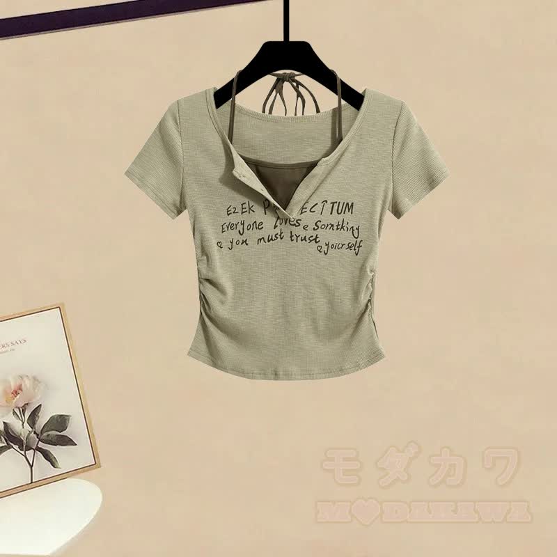 Letter Graphic Top Cargo Skirt Matching Outfit - Green Top (Single) - 3XL - image 4