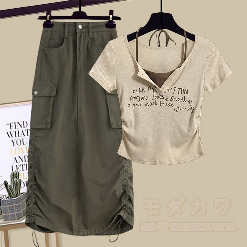 Letter Graphic Top Cargo Skirt Matching Outfit - Set A - 3XL - image 1