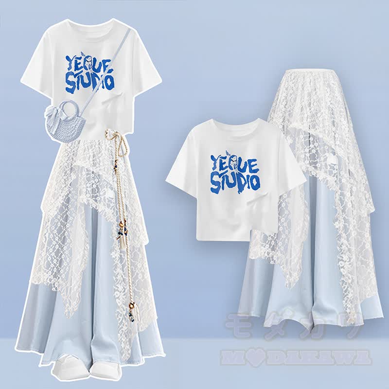 Irregular Letter Graphic T-shirt Lace Skirt Wide Leg Pantskirt Matching Outfit - Set - XL - image 1