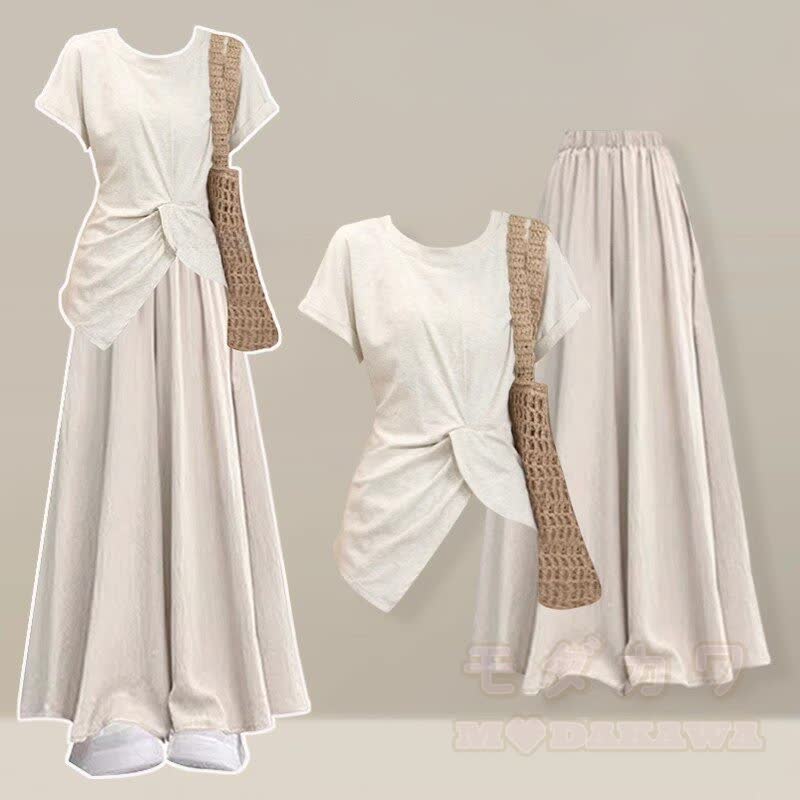 Irregular T-shirt Wide Leg Pantskirt Matching Outfit - Set B - 2XL - image 2