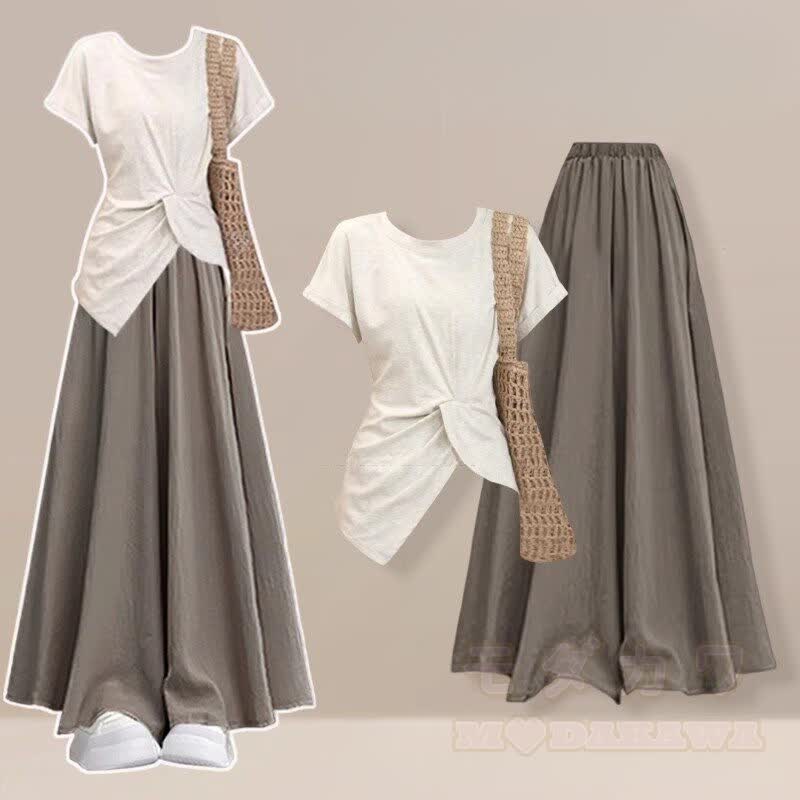 Irregular T-shirt Wide Leg Pantskirt Matching Outfit - Set A - 2XL - image 1