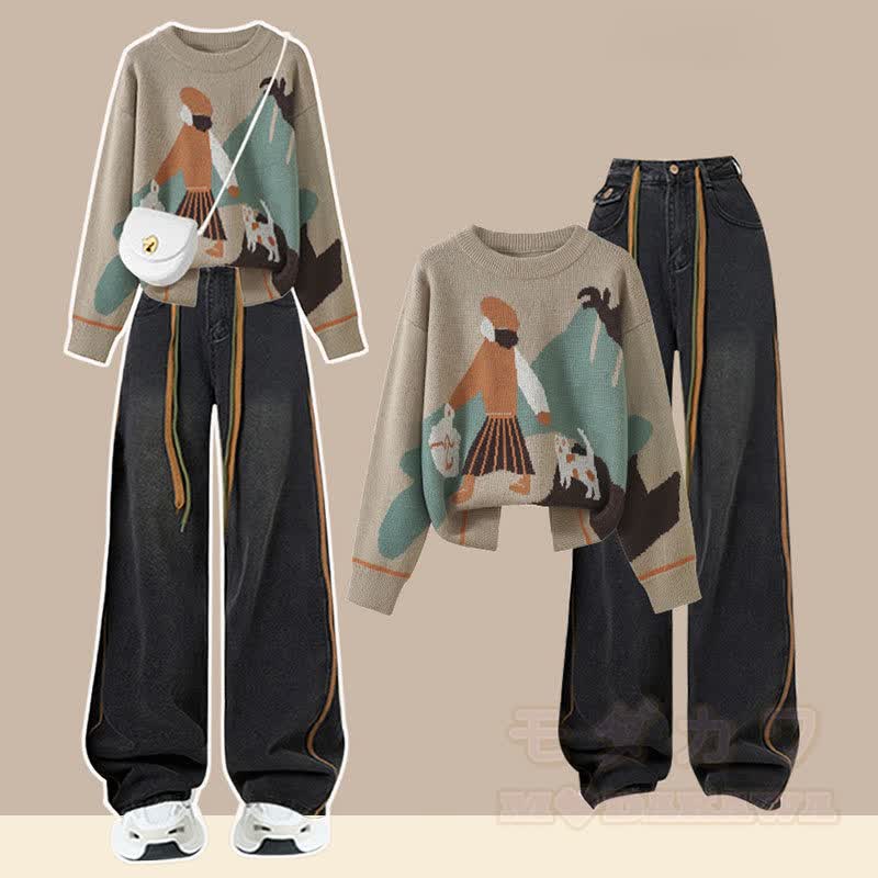 Knit Sweater Denim Pants Matching Outfit - Set A - 3XL - image 1