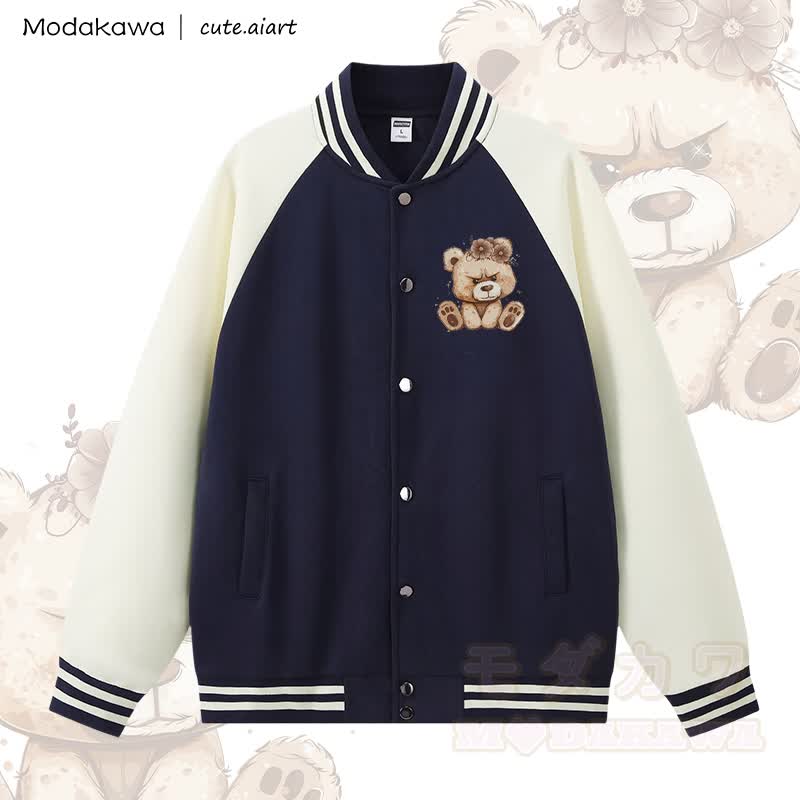 MODAKAWA X cute.aiart Bear Graphic Color Block Baseball Jacket - Purplish Blue & Apricot - 5XL - image 2