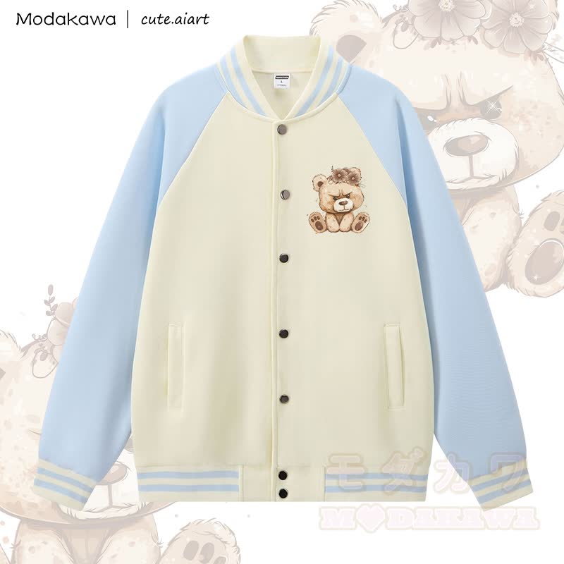 MODAKAWA X cute.aiart Bear Graphic Color Block Baseball Jacket - Apricot & Blue - 5XL - image 1