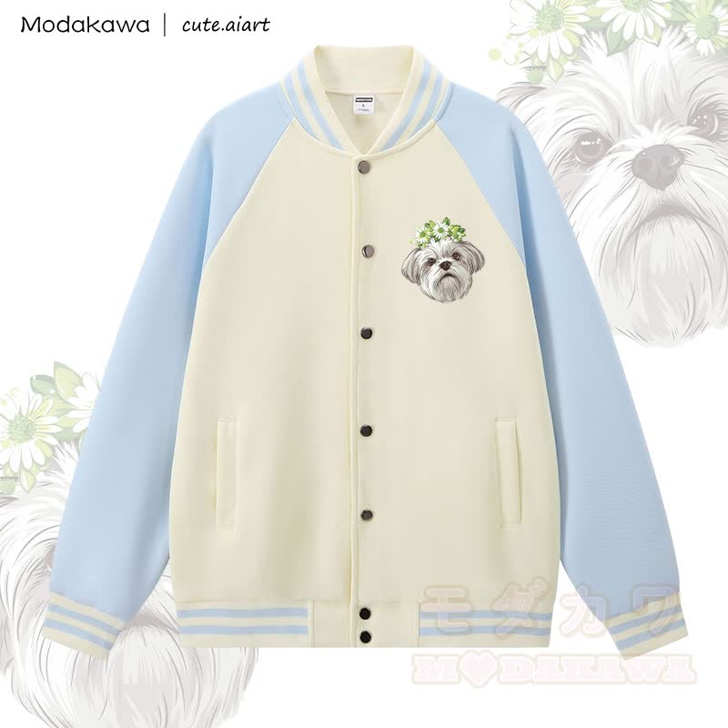 MODAKAWA X cute.aiart Puppy Graphic Color Block Baseball Jacket - Apricot & Blue - 5XL - image 2