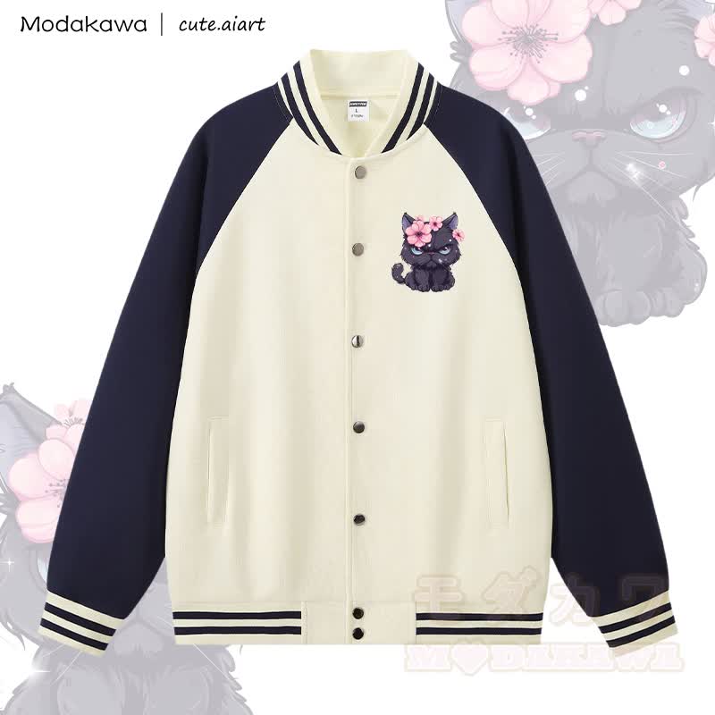MODAKAWA X cute.aiart Cat Graphic Color Block Baseball Jacket - Apricot & Purplish Blue - 5XL - image 2