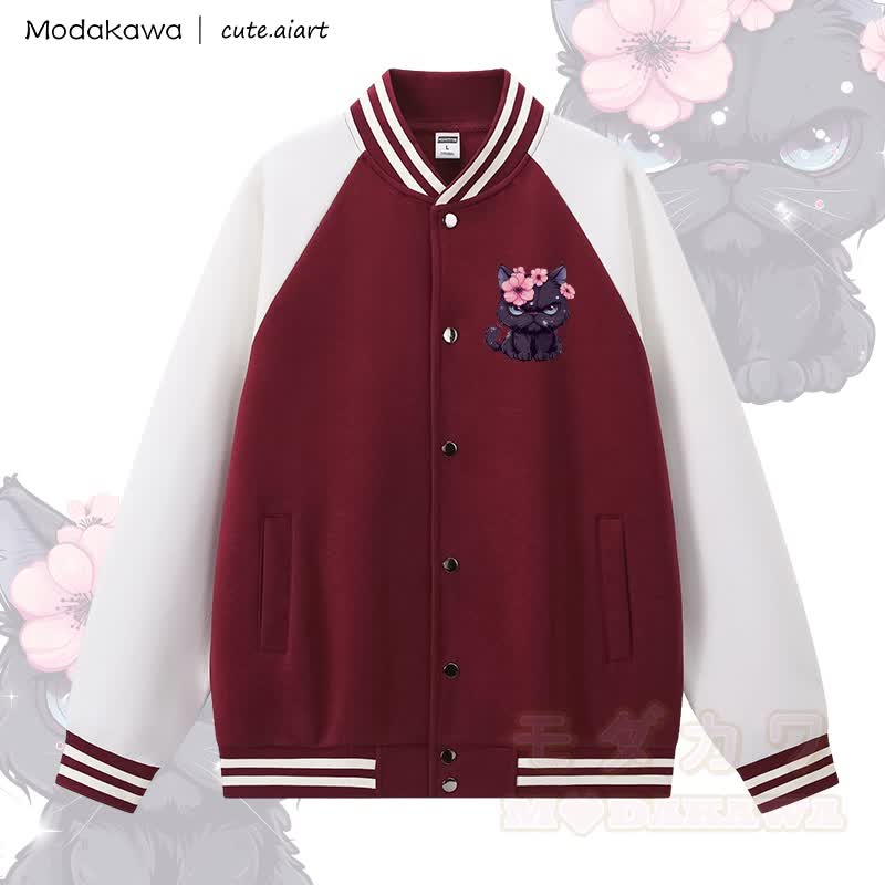 MODAKAWA X cute.aiart Cat Graphic Color Block Baseball Jacket - Red & White - 5XL - image 1