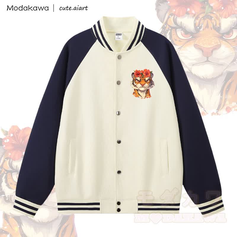 MODAKAWA X cute.aiart Tiger Graphic Color Block Baseball Jacket - Apricot & Purplish Blue - 5XL - image 2