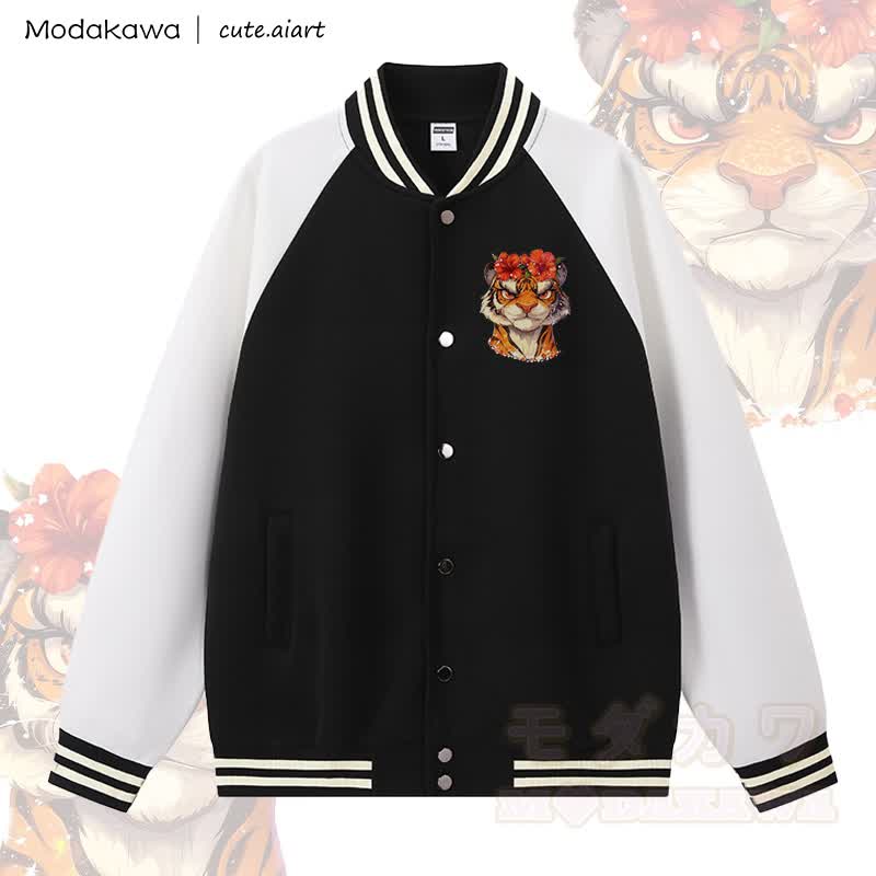 MODAKAWA X cute.aiart Tiger Graphic Color Block Baseball Jacket - Black & White - 5XL - image 1