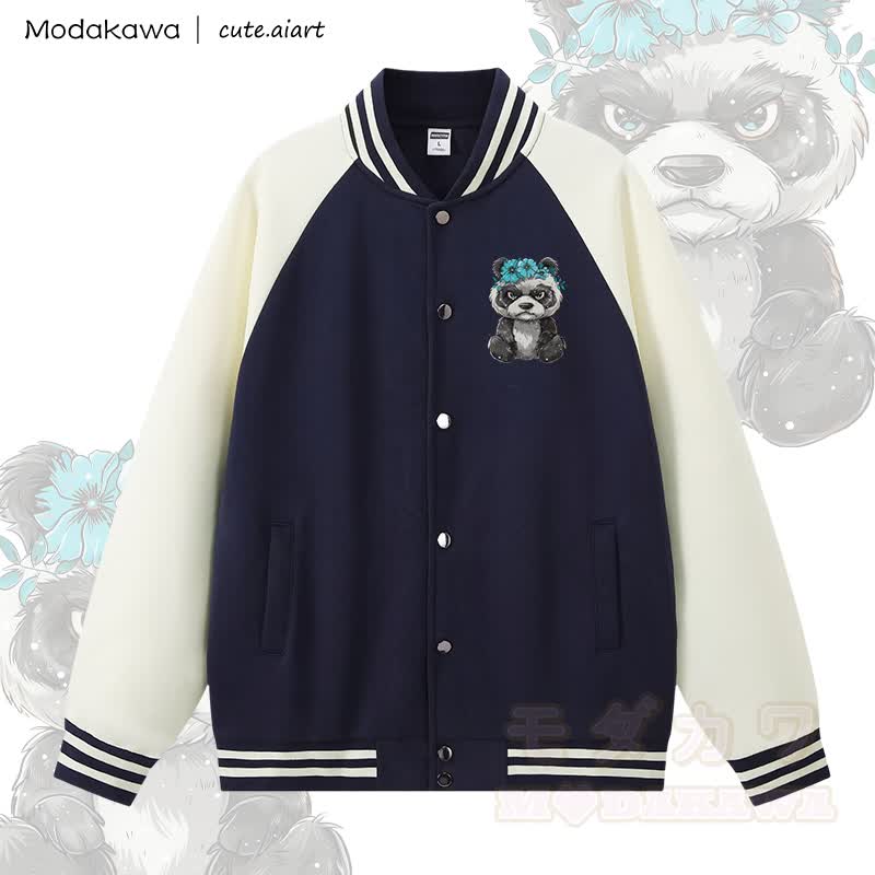 MODAKAWA X cute.aiart Panda Graphic Color Block Baseball Jacket - Apricot & Purplish Blue - 5XL - image 2