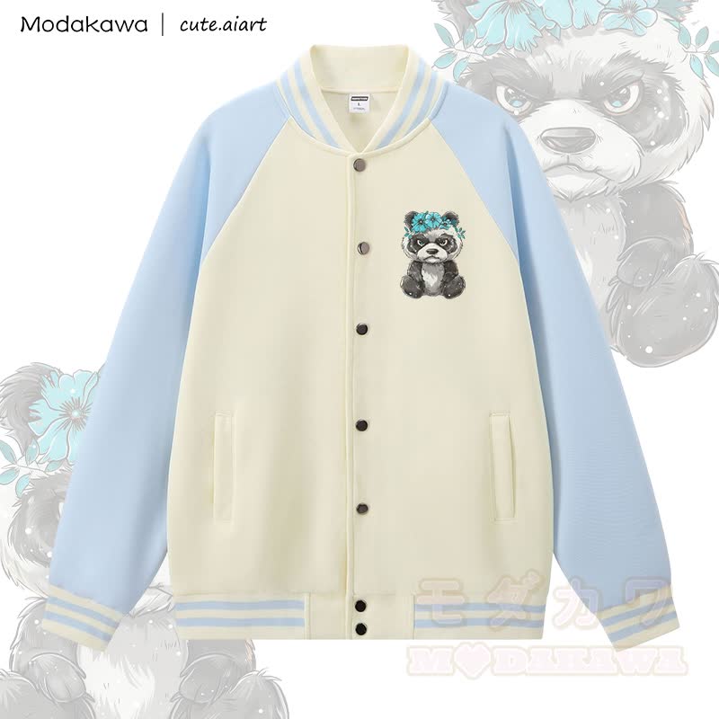 MODAKAWA X cute.aiart Panda Graphic Color Block Baseball Jacket - Apricot & Blue - 5XL - image 1