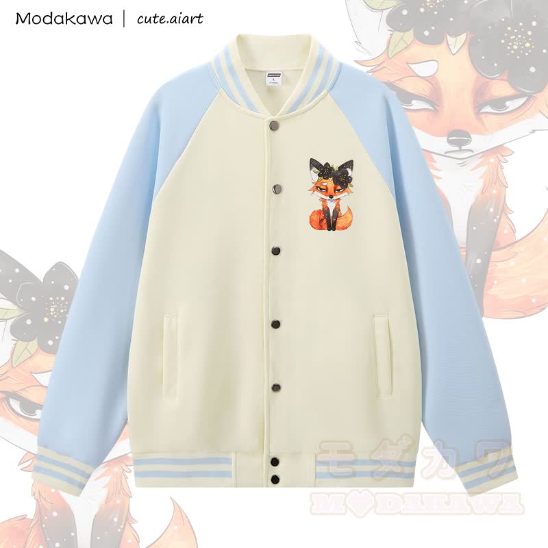 MODAKAWA X cute.aiart Fox Graphic Color Block Baseball Jacket - Apricot & Blue - 5XL - image 2