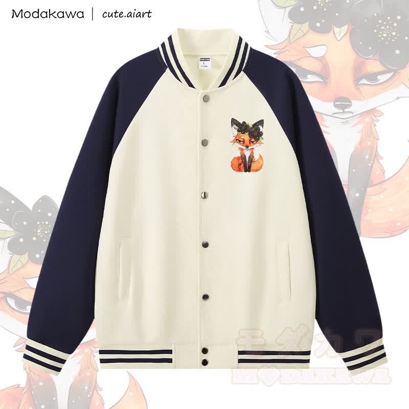 MODAKAWA X cute.aiart Fox Graphic Color Block Baseball Jacket - Apricot & Purplish Blue - 5XL - image 1