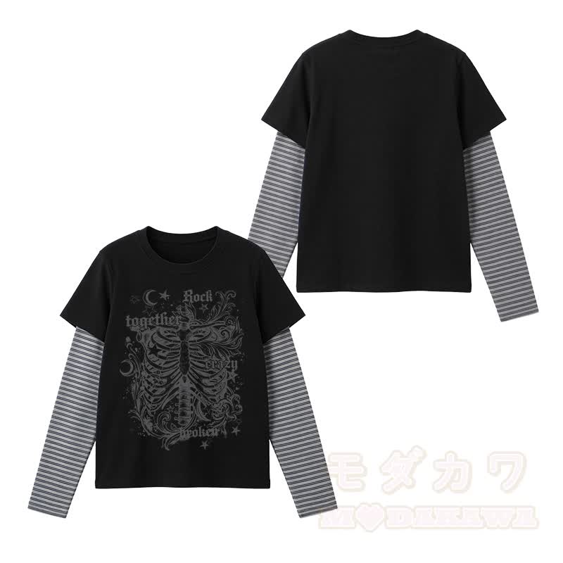 Skeleton Gothic Graphic Modakawa Vintage Layered Long Sleeve Top - Black - 3XL - image 2