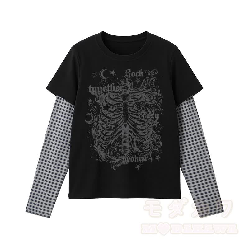 Skeleton Gothic Graphic Modakawa Vintage Layered Long Sleeve Top - image 1