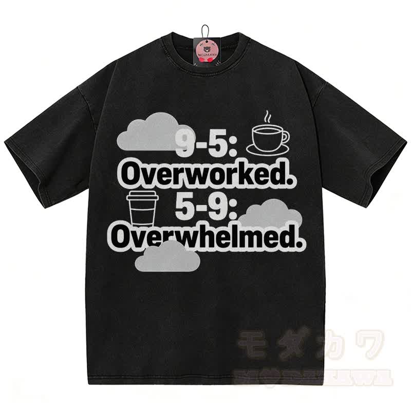 OVERWORKED OVERWHELMED Graphic Modakawa Vintage Washed 100% Cotton T-shirt - Black A - 5XL - image 1