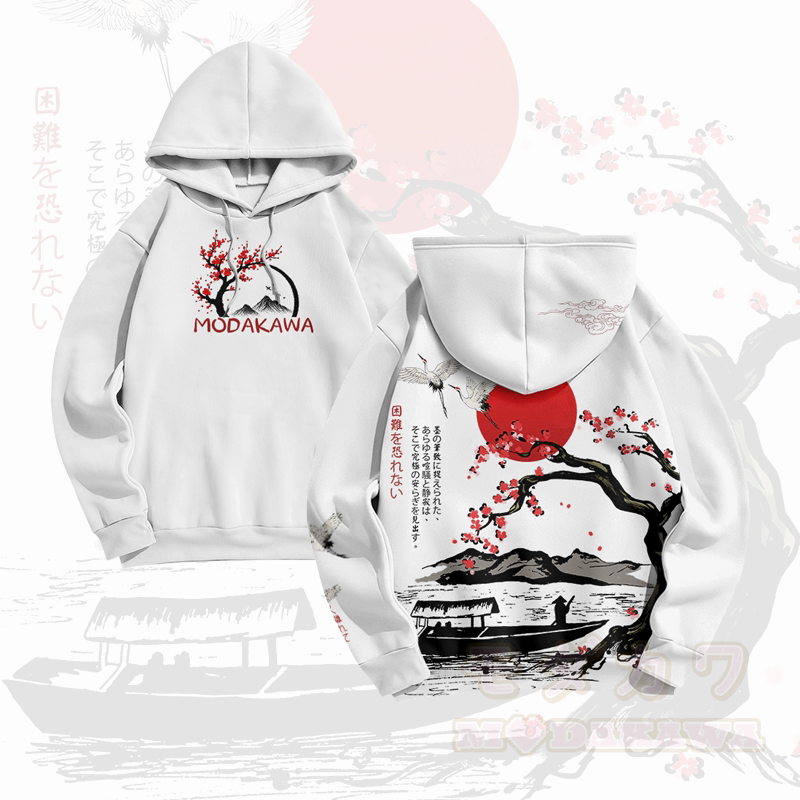 Crane Sakura Sunset Graphic Modakawa Pullover Hoodie - White - 6XL - image 2