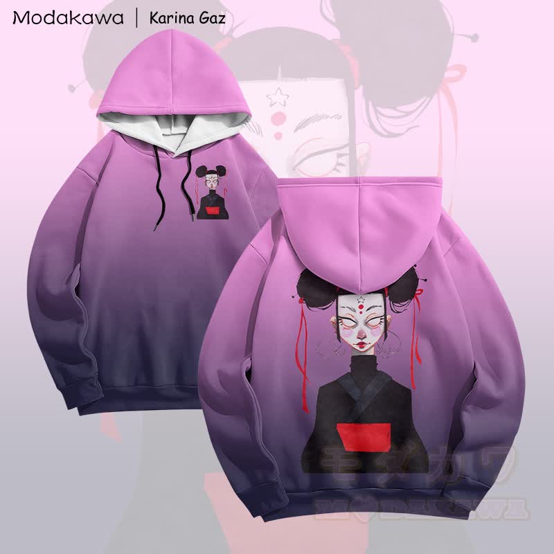 MODAKAWA X Karina Gaz Anime Lady Graphic Gradient Pullover Hoodie - Purple & Black - 6XL - image 2
