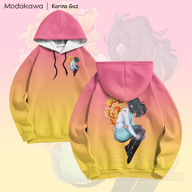 MODAKAWA X Karina Gaz Anime Girl Graphic Gradient Pullover Hoodie - Pink & Yellow - 6XL - image 3