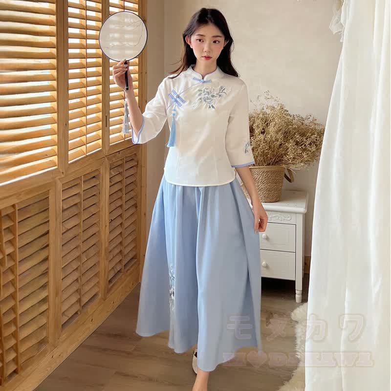 Vintage Embroidered Top Skirt Two Piece Set - Blue Long Sleeve - 4XL - image 2