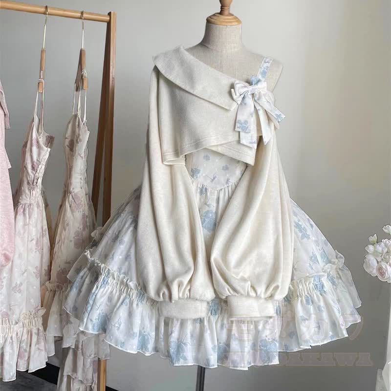 Off Shoulder Cape Top Cami Dress Two Pieces Set - Apricot & Blue - XL - image 2