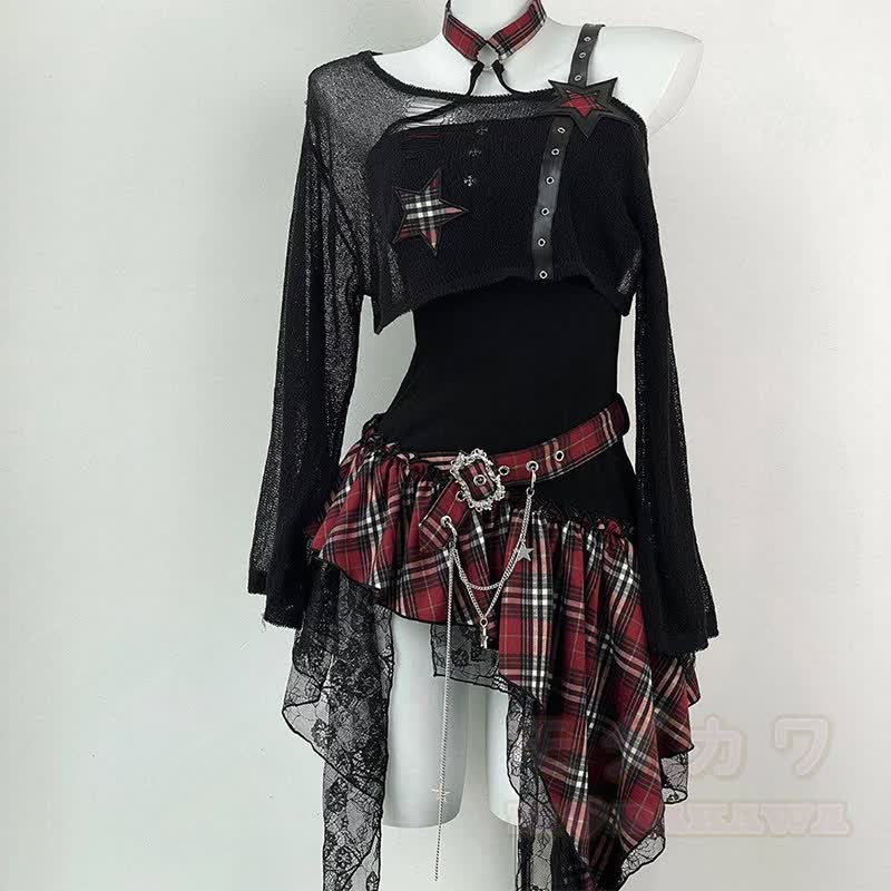 Gothic Sheer Mesh Top Plaid Dress Two Pieces Set - Red - XL - image 2