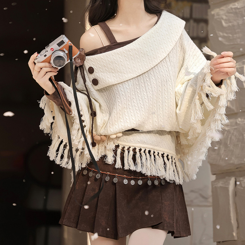 Vintage Fringe Cape Long Sleeve Top Belt Skirt Matching Outfit - image 2