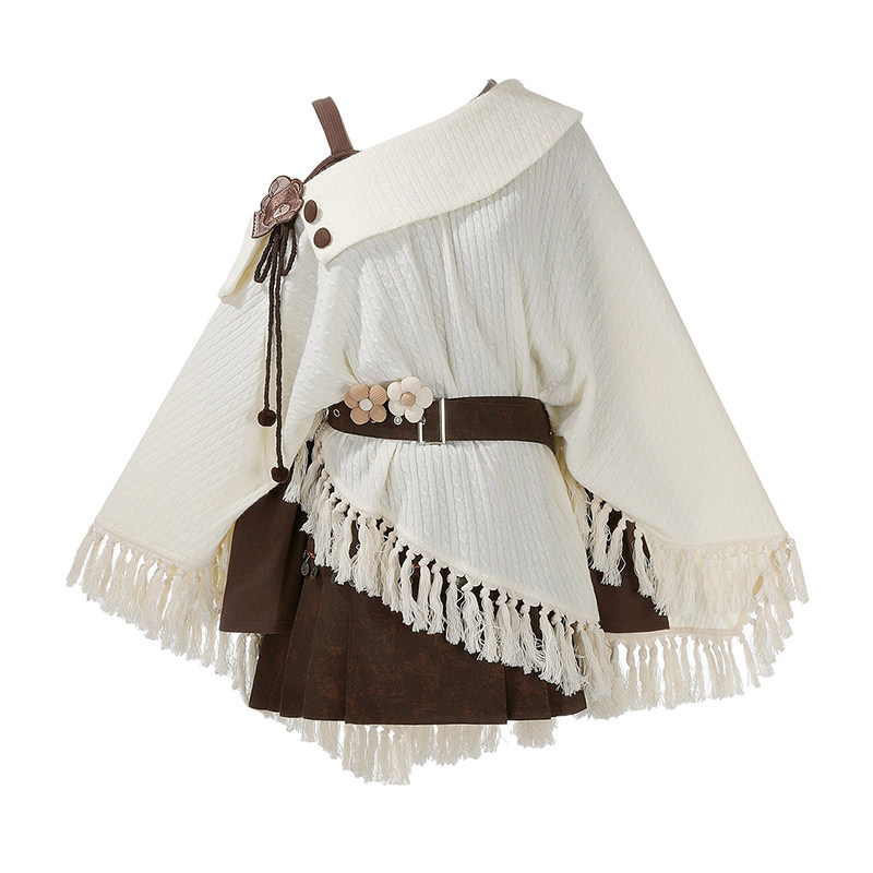 Vintage Fringe Cape Long Sleeve Top Belt Skirt Matching Outfit - Set - One Size - image 1