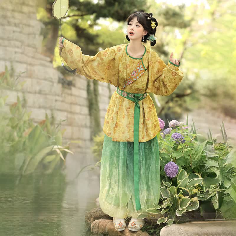 Vintage Buckle Top Harem Pants Embroidery Waist Belt Matching Outfit - Yellow Set - XL - image 6