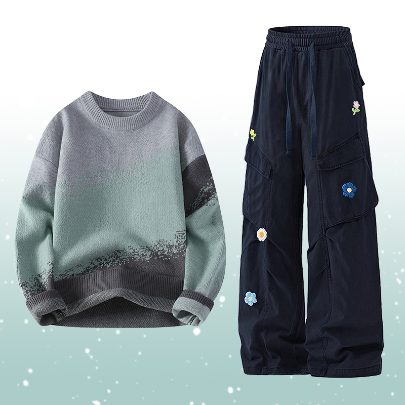 Gradient Knit Sweater Flower Cargo Pants Two Pieces - Set B - 2XL - image 2
