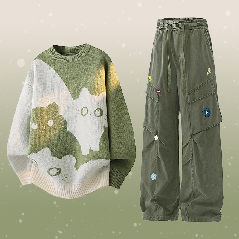 Kitty Knit Sweater Flower Cargo Pants Two Pieces - Set A - 2XL - image 1
