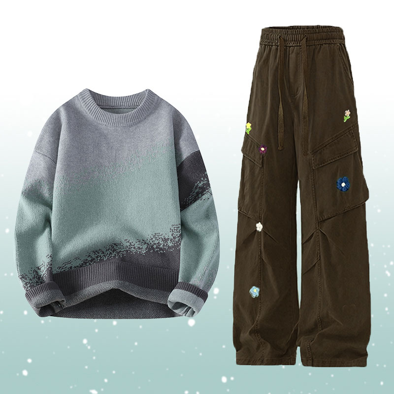 Gradient Knit Sweater Flower Cargo Pants Two Pieces - Set A - 2XL - image 1