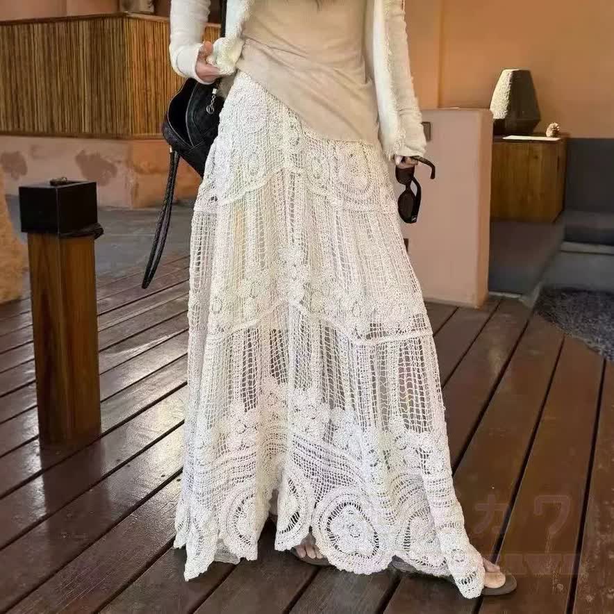 Boho Crochet Lace Tiered Maxi Skirt - White - One Size - image 5