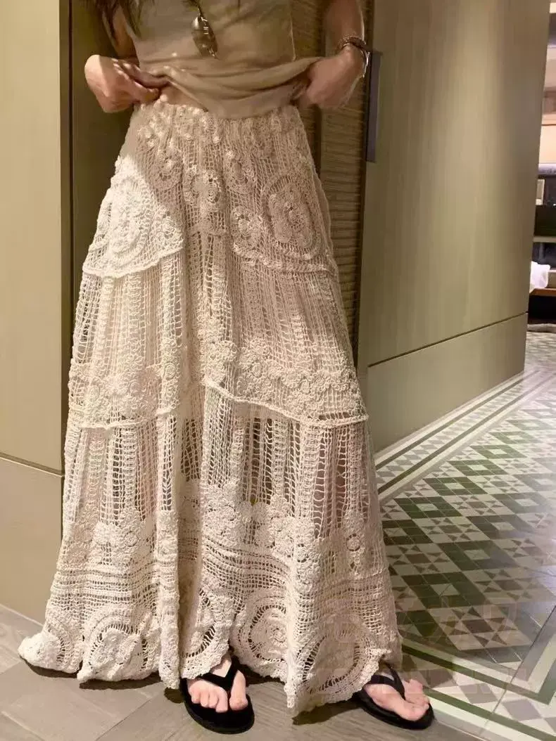 Boho Crochet Lace Tiered Maxi Skirt - Apricot - One Size - image 4