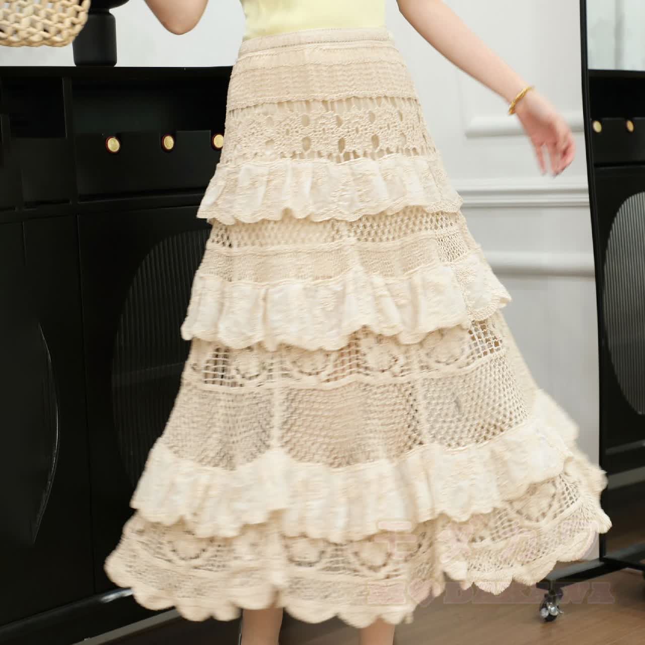 Boho Crochet Tiered Ruffle Beach Vacation Lace Maxi Skirt - Apricot - One Size - image 8