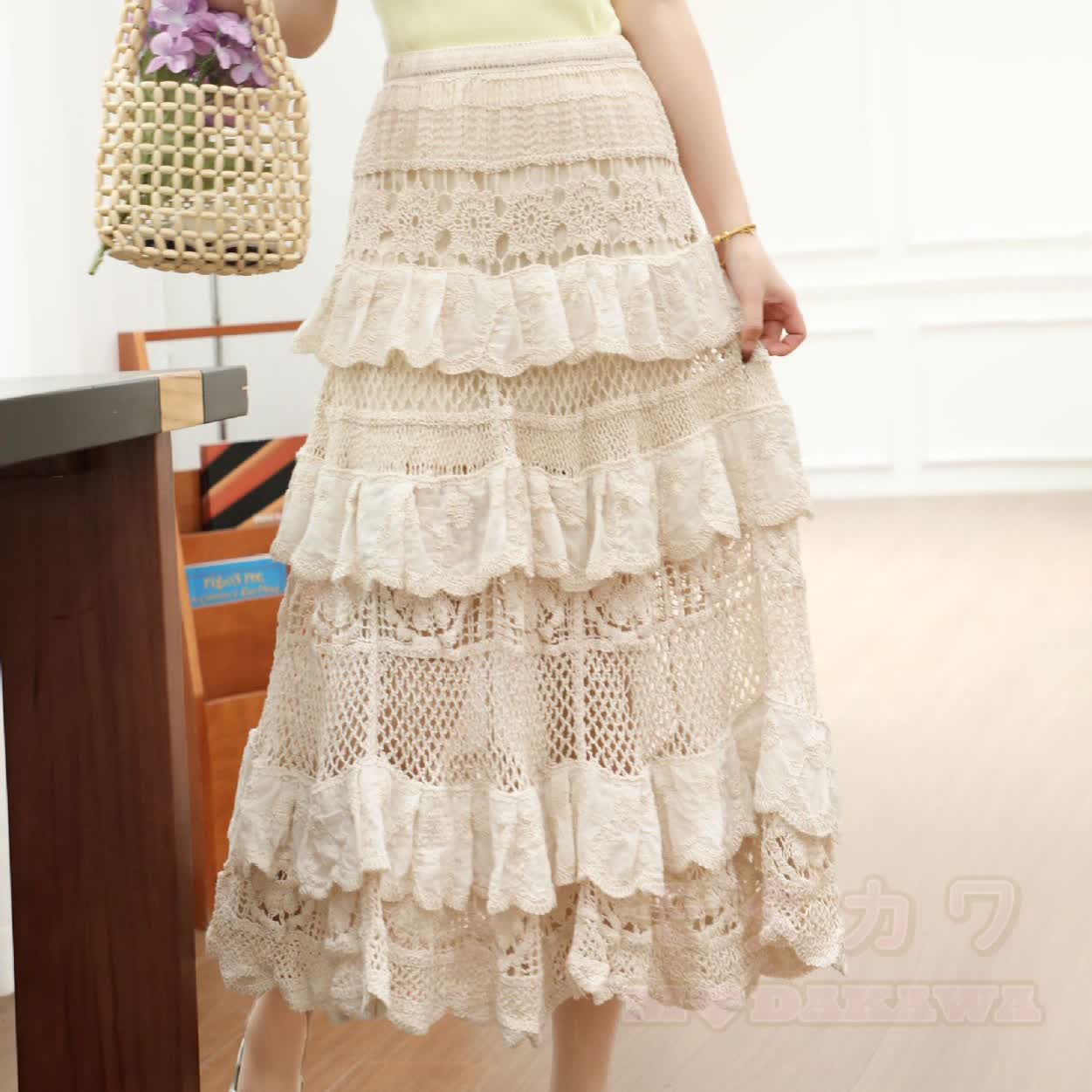 Boho Crochet Tiered Ruffle Beach Vacation Lace Maxi Skirt - image 5