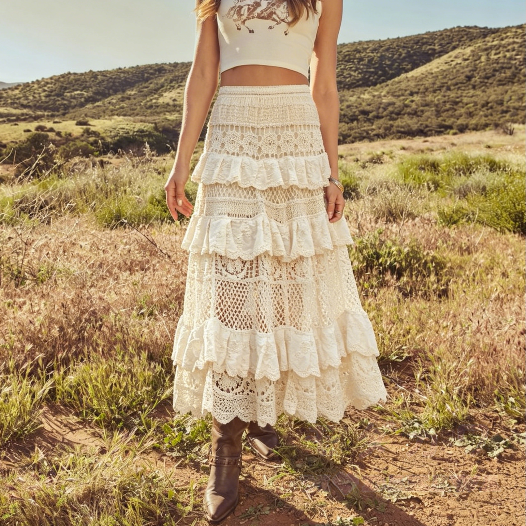 Boho Crochet Tiered Ruffle Beach Vacation Lace Maxi Skirt - image 1