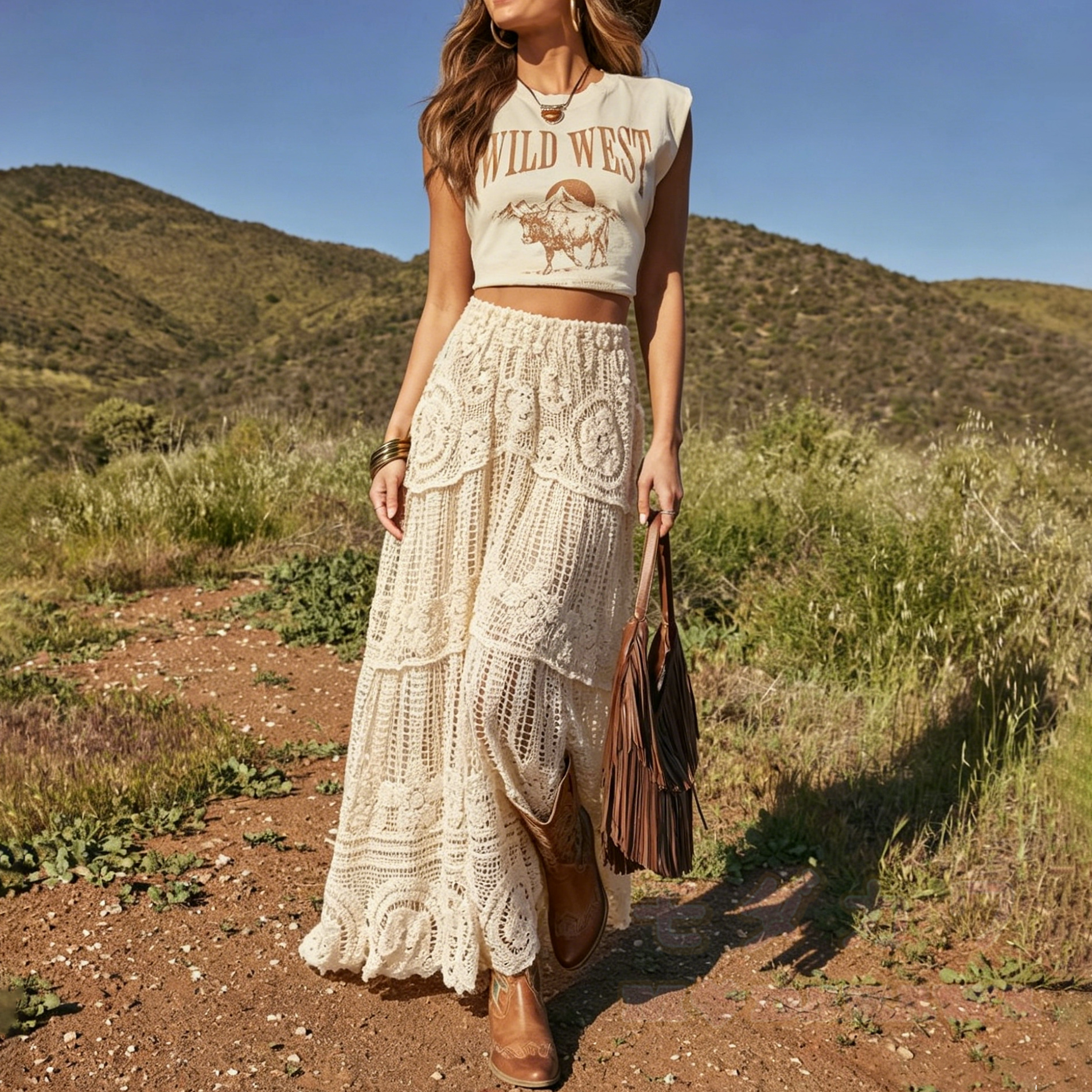 Boho Crochet Lace Tiered Maxi Skirt - image 1