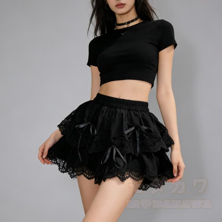 White Bow Lace Ruffle Mini Skirt - Black - One Size - image 5