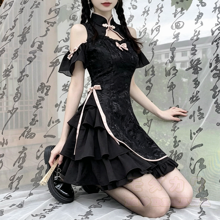 Black Gothic Bows Lolita Qipao Mini Dress  - image 1
