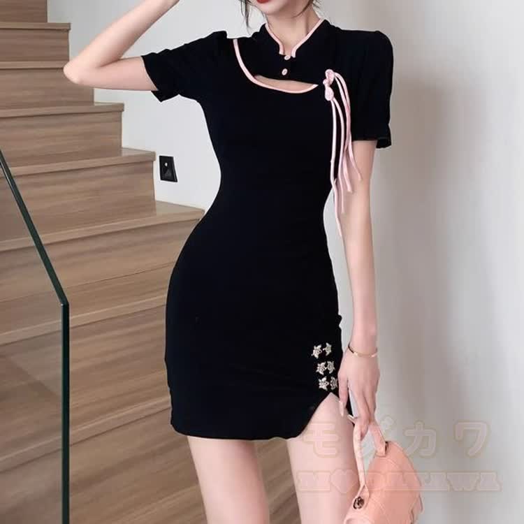 Black Chinese Style Bow Detail Mini Dress - image 2